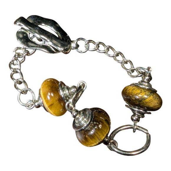 Handcrafted Tiger's Eye Beaded Silver Tone Bracelet Toggle Clasp 7.5 inches - Picture 6 of 7